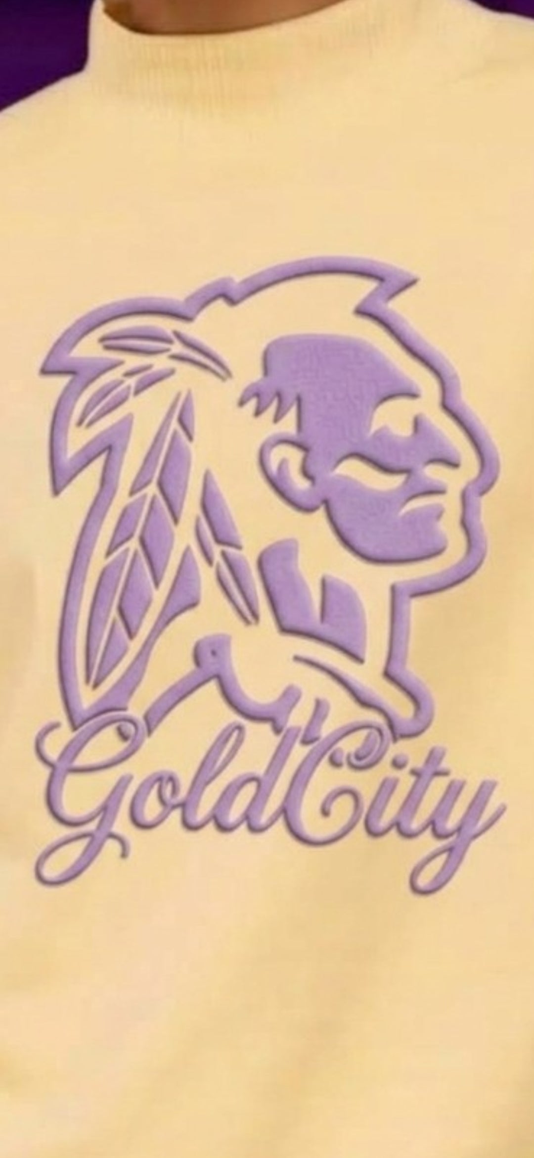Gold-ish Mock Neck Pullover Sweatshirt with Lavender Puff Indian Logo
