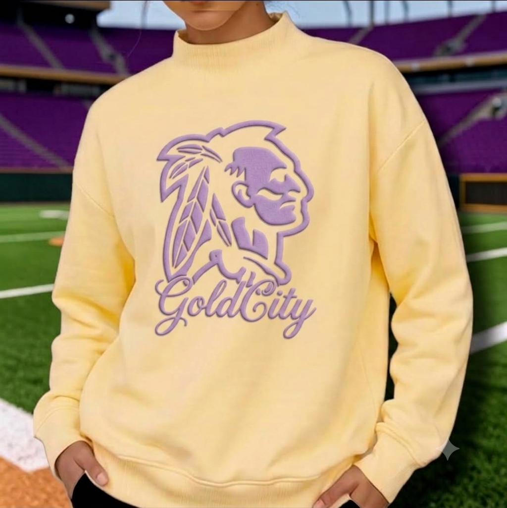 Gold-ish Mock Neck Pullover Sweatshirt with Lavender Puff Indian Logo